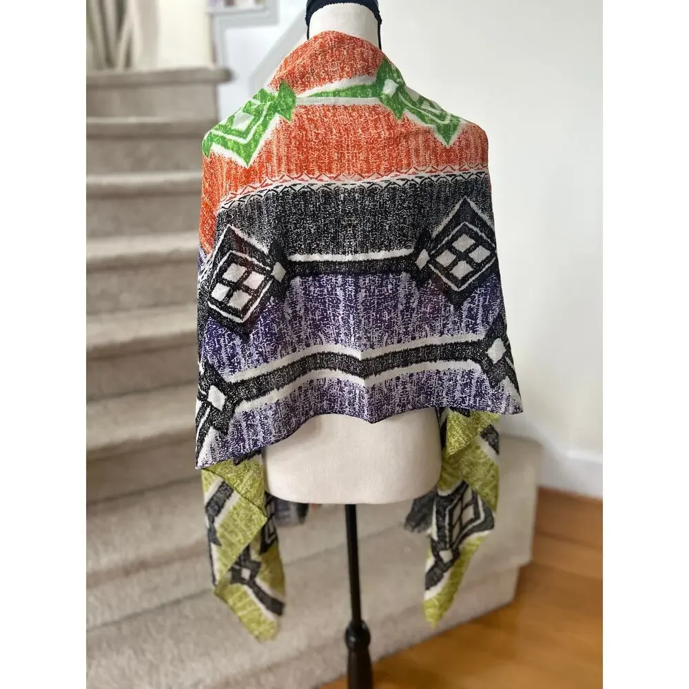 Echo Silk Cotton Wool Orange, Purple, Green Tribal Boho Mosaic Scarf Wrap